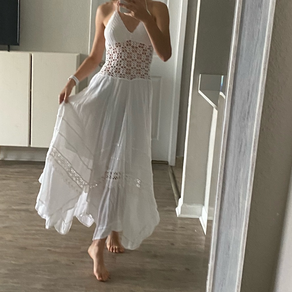 White hand made maxi dress halters neck